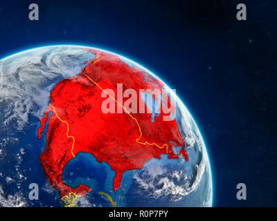 NAFTA-Mitglied staaten von Platz auf realistisches Modell des Planeten Erde mit Ländergrenzen und detaillierte Planeten und Wolken. 3D-Darstellung. Eleme Stockfoto