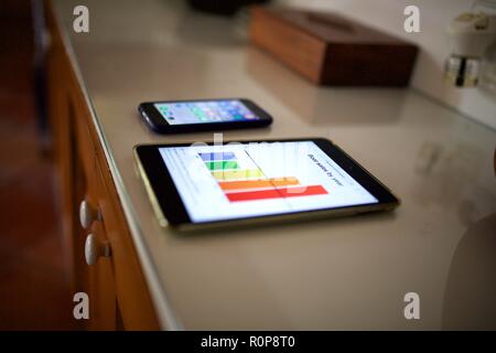 Iphone nebeneinander liegend auf Schrank zu Hause iPad Stockfoto
