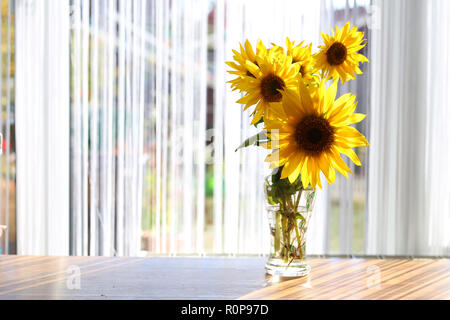 Blumenstrauß aus schönen Sonnenblumen steht vor dem Fenster Stockfoto