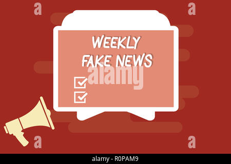 Text Zeichen zeigt Wöchentlich gefälschte Nachrichten. Konzeptionelle Foto ungenau, SENSATIONALISTIC Bericht, der erstellt wird, zu gewinnen. Stockfoto