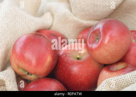 Gruppe der rote Äpfel auf Jute background Stockfoto