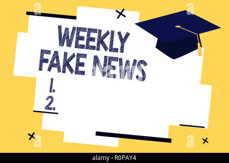 Text Zeichen zeigt Wöchentlich gefälschte Nachrichten. Konzeptionelle Foto ungenau, SENSATIONALISTIC Bericht, der erstellt wird, zu gewinnen. Stockfoto