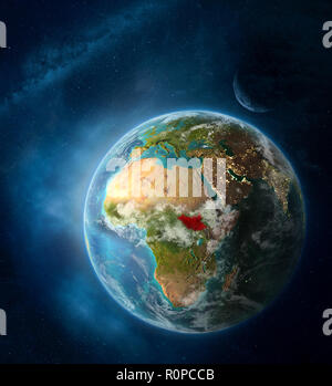 Der Süden des Sudan aus dem Weltraum auf der Erde durch den Weltraum mit Mond und Milchstraße umgeben. Detaillierte Planeten Oberfläche mit City lights und Wolken. 3D-Darstellung. Ele Stockfoto
