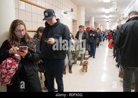 New York, NY, 6. November, 2018 - Menschen warteten in Linie an einer öffentlichen Schule in Tribeca an November 6, 2018 zu stimmen. Credit: Terese Loeb Kreuzer/Alamy Nachrichten Stockfoto