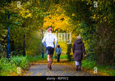 Aberystwyth Wales UK, 7. November 2018 DE Wetter: In zwischen den schweren Regen, Menschen laufen Joggen entlang einer kleinen, mit Bäumen gesäumten Fußweg in Aberystwyth als Herbst Blatt Farben und erreichen Ihre crescendo Anfang November. Das Met Office hat eine gelbe Warnmeldung für Regen und Überschwemmungen, die viel von Süd und West Wales heute morgen, mit einer weiteren Warnung für mehr Regen und Sturm Winde für den gleichen Bereich am Freitag gab auch Foto: Keith Morris/Alamy Live Neuigkeiten Stockfoto