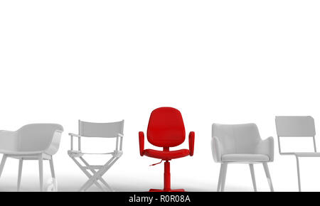 Reihe von Stühlen mit einem kuckucksei aus. Stellenangebot. Business Leadership. Einstellung. 3D-Rendering Stockfoto