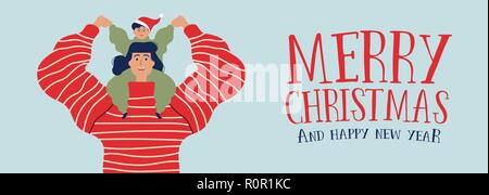 Frohe Weihnachten Frohes Neues Jahr Web Banner Illustration, Mutter und Sohn gemeinsam für Urlaub mit der Familie zu feiern. Stock Vektor
