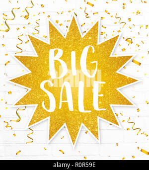 Text Banner big Verkauf in Golden glitter Sticker Sterne niedrige Preise saison Verkauf Werbung für mega Rabatt label Stockfoto