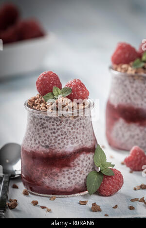 Serviert Glas Gläser mit köstlichen Chia Pudding mit Himbeeren und crunchy Granola oben gefüllt Stockfoto