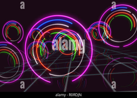 Zusammenfassung Hintergrund mit Neonlicht Kreise in 3D-Perspektive. Futuristische Abbildung. Stockfoto