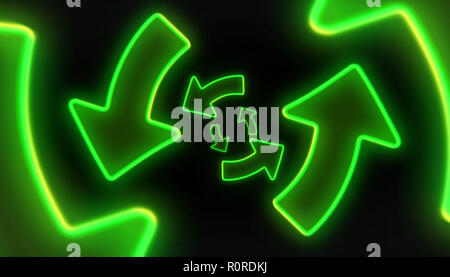 Grüner Neon Pfeile leuchten immer auf schwarzem Hintergrund Stockfoto