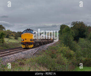 Ein Network Rail die Behandlung des Schienenkopfes Zug passiert Arkholme (zwischen Carnforth & Wennington) von Direct Rail Services 37 Lokomotiven Stockfoto