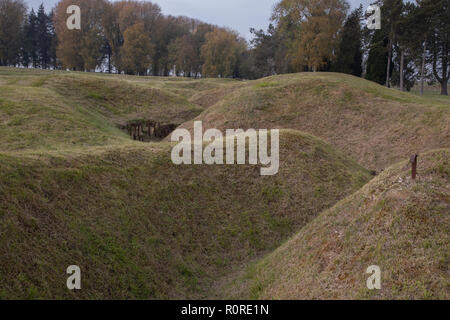 November 4, 2018: Beaumont-Hamel, Picardie, Frankreich. Die Überreste von Schützengräben aus die Schlacht an der Somme im Ersten Weltkrieg an der Beaumont-Hamel Newfoundl Stockfoto