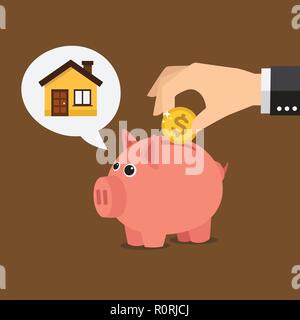 Piggy Bank über ein Haus denken. Sparen Sie Geld Konzept. Vector Illustration Stock Vektor