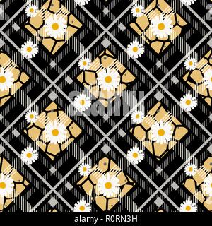 Nahtlose Muster für die Tischdecke mit Daisy und cosmos Blumen auf Schwarz und Grau karierten Hintergrund. Eps 10. Stock Vektor
