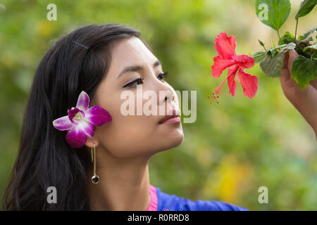 Ziemlich vietnamesisches Mädchen mit Blume im Haar, einen genaueren Blick auf einen tropischen roten Hibiskus auf dem Baum, Seitenansicht mit ernstem Gesichtsausdruck wieder Stockfoto