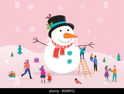 Frohe Weihnachten Karte, Hintergrund, bannner mit riesigen Schneemann und kleine Leute, junge Männer und Frauen, Familien Spaß im Schnee, Skifahren, Snowboarden, Rodeln, Eislaufen, Konzept Vector Illustration Stock Vektor