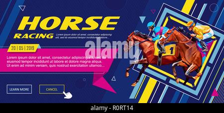 Banner. Universal Vorlage für eine Web site mit Text, Schaltflächen. Jockey auf dem Pferd. Pferderennen. Das hippodrom. Rennstrecke. Springen Rennstrecke. Reiten. Vector Illustration Stock Vektor