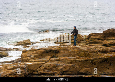 19. September 2014 einen Mann angeln allein auf dem rutschigen Felsen am Ufer des Carlingford Lough in der Nähe von Newcastle County Down in Nordirland. Wahrscheinlich Stockfoto