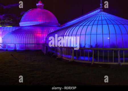 Rückseite der Kibble Palace, mit bunten Lichtern beleuchtet, an GlasGLOW, wo die Botanischen Gärten nachts beleuchtet sind. Schottland. Stockfoto