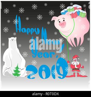 Grußkarte mit dem Weihnachtsmann, Weihnachtsbaum, Geschenke, Eisbären und Schwein Stock Vektor