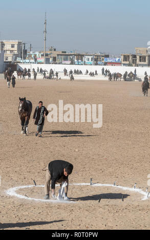 Buzkashi im Winter am Freitag, Mazar-i-Sharif, Afghanistan - das Ziel und die Karkasse Stockfoto