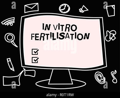 Text zeichen In-vitro-Fertilisation. Konzeptionelle Foto ein Ei ist durch Samenzellen in einem Reagenzglas befruchtet. Stockfoto