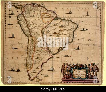 Americae pars Meridionalis. Mapa de América Latina en y grabado calcográfico coloreado, realizado por Henrici Hondius (siglo XVII). Editado en Amsterdam, Años 1640. Stockfoto