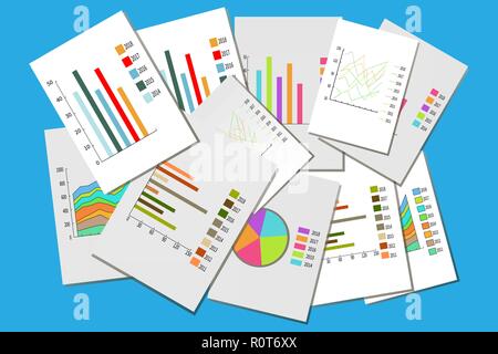 Verschiedene Diagramme. Spalten, Kreisdiagramme, Grafiken von Umsatzwachstum, Informationen Bars. Moderne Wohnung Stil. Vector Illustration für Business, Infografik, c Stock Vektor