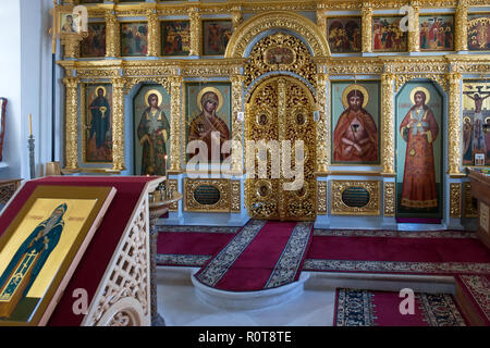 Altar der Kirche von der Kreuzigung Christi in der Golgotha-Crucifix Skete am Mount Calvary auf Anzersky Insel Solowki Inseln, Archangelsk Regi Stockfoto