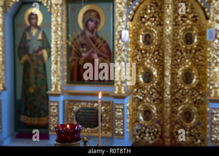 Altar der Kirche von der Kreuzigung Christi in der Golgotha-Crucifix Skete am Mount Calvary auf Anzersky Insel Solowki Inseln, Archangelsk Regi Stockfoto