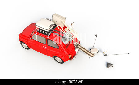 3D-Rendering von Red kleine italienische Auto und fallende Winter Sport stopft Stockfoto