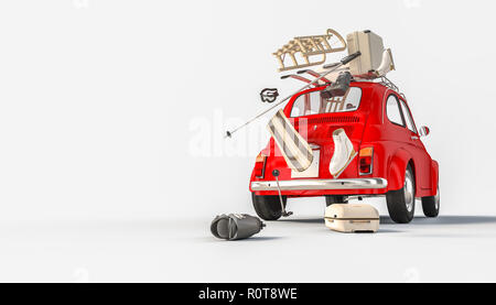 3D-Rendering von Red kleine italienische Auto und fallende Winter Sport stopft Stockfoto