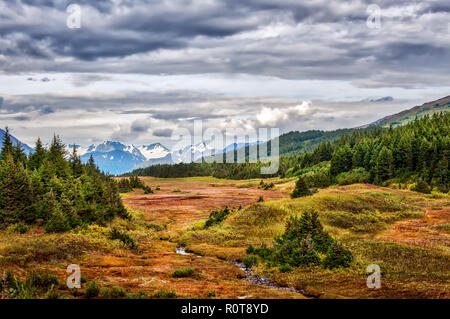 Die malerische Landschaft von einem kleinen Bach Durchlaufen des alaskischen Wildnis in der Chugach Mountains im Herbst Stockfoto