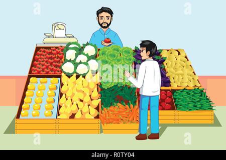 Ein Vektor Abbildung: Junge Kauf von Obst und Gemüse bei Farmers Market Stock Vektor