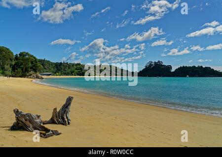 Goldenen Sandstrand in Little Kaiteriteri, über die Bucht nach Kaiteriteri, Neuseeland suchen Stockfoto