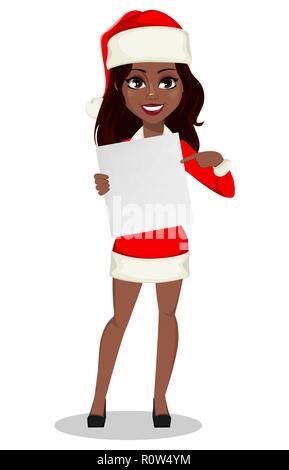 Frohe Weihnachten und guten Rutsch ins neue Jahr. Afrikaner - Frau in Santa Claus Kostüm, verwendbar für Landing Page, Grußkarten usw. Zeichentrickfigur poin Stock Vektor