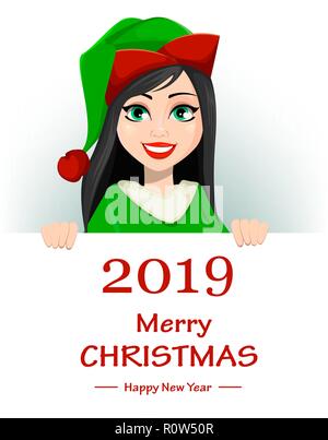 Frohe Weihnachten und guten Rutsch ins neue Jahr. Schöne Frau in Tracht von Elf. Lady Santa Helper cartoon Charakter steht hinter Plakat mit Grüße. Vecto Stock Vektor