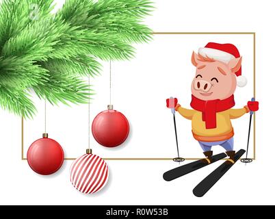 Frohe Weihnachten Postkarte mit Fir Tree Branch, Weihnachtsschmuck, hängenden Kugeln und süße Schweinchen in der Weihnachtsmann Mütze und Schal Skifahren. Vektor illustr Stock Vektor