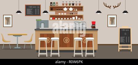 Leere cafe Interieur. Cofee shop Theke mit Flach- und farbe Stil. Vector Illustration Stock Vektor