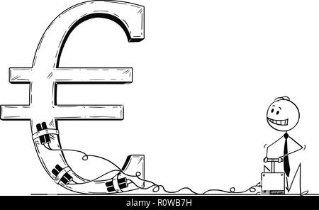 Cartoon von Geschäftsmann mit Detonator und Explosive zu zerstören Euro Symbol Stock Vektor