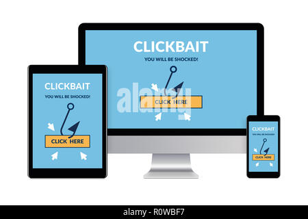 Desktop-PC, Tablet-PC und Smartphone auf Weiß mit clickbait Konzept auf dem Bildschirm isoliert. Digital generierten Geräte. Stockfoto