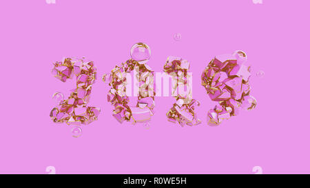 Frohes Neues Jahr Banner mit 2019 trendy rosa Farbe und gold Zahlen durch zerbrochene Risse im Stein isolieren auf rose Hintergrund mit fliegenden Glaskugeln. abstract 3 Abbildung d Stockfoto