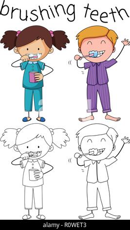 Doodle Boy und Girl Zähneputzen Abbildung Stock Vektor