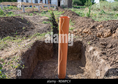 Grundwasser Sammlung Website für das Dorf heim. Leitung zum Grundwasser der Förderpumpe anschließen. Bohrbrunnen. Stockfoto