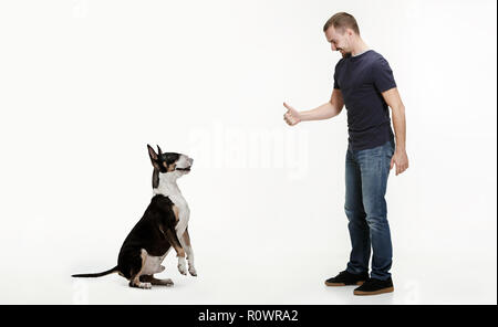 Emotionale Portrait von Mann und sein Hund, Konzept von Freundschaft und Fürsorge von Mensch und Tier. Bull Terrier Typ Hund auf weißem Studiohintergrund Stockfoto