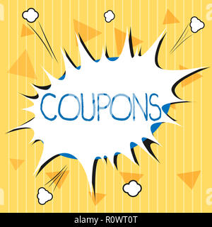 Handschrift text Coupons. Begriff Sinne Zertifikat Ticket Label für Rabatt Geschenk preis Promotion Verkauf. Stockfoto