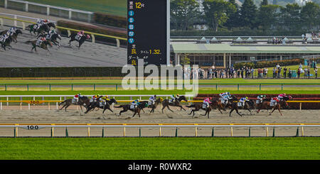 Tokio, Japan. April 2018 Tokyo Rennbahn. Vollblutpferde in Bewegung mit Jockeys an der Ziellinie der Rennen . Stockfoto