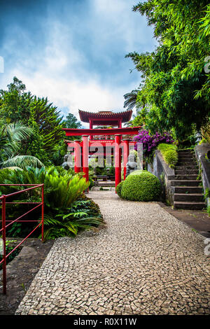 Torii in Tropican Garten Monte Palace in Funchal, Madeira, Portugal Stockfoto