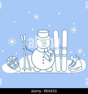 Winter im Freien genießen können. Schneemann mit Ski- und Hockey Ausrüstung. Vektor cartoon Skifahrer Symbol. Design für Werbung von aktiven Lebensstil. Stock Vektor
